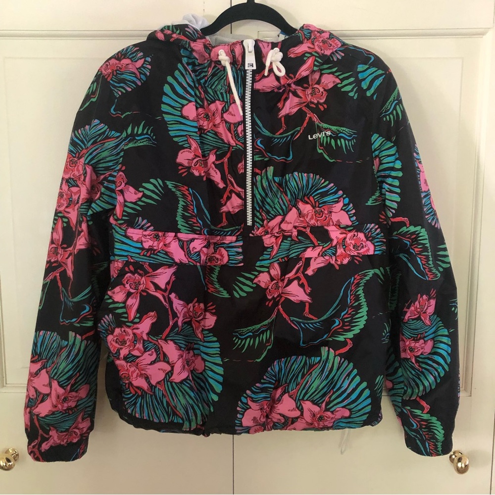 Levi’s Floral Black Hoodie Cropped Wind Rain Jacket with Pockets Size LG